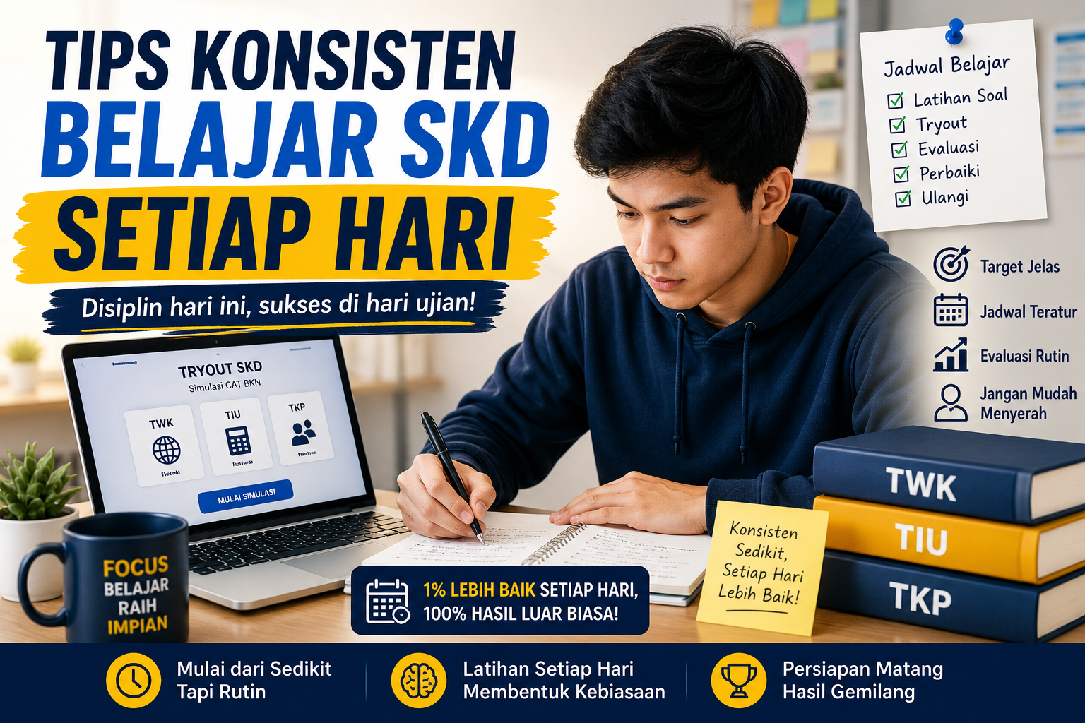 Konsistensi belajar menjadi salah satu kunci utama sukses menghadapi SKD sekolah kedinasan dan CPNS.