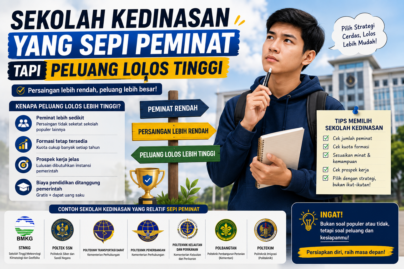 Beberapa sekolah kedinasan memiliki persaingan yang lebih rendah dan peluang lolos yang lebih besar jika dipersiapkan dengan strategi tepat.