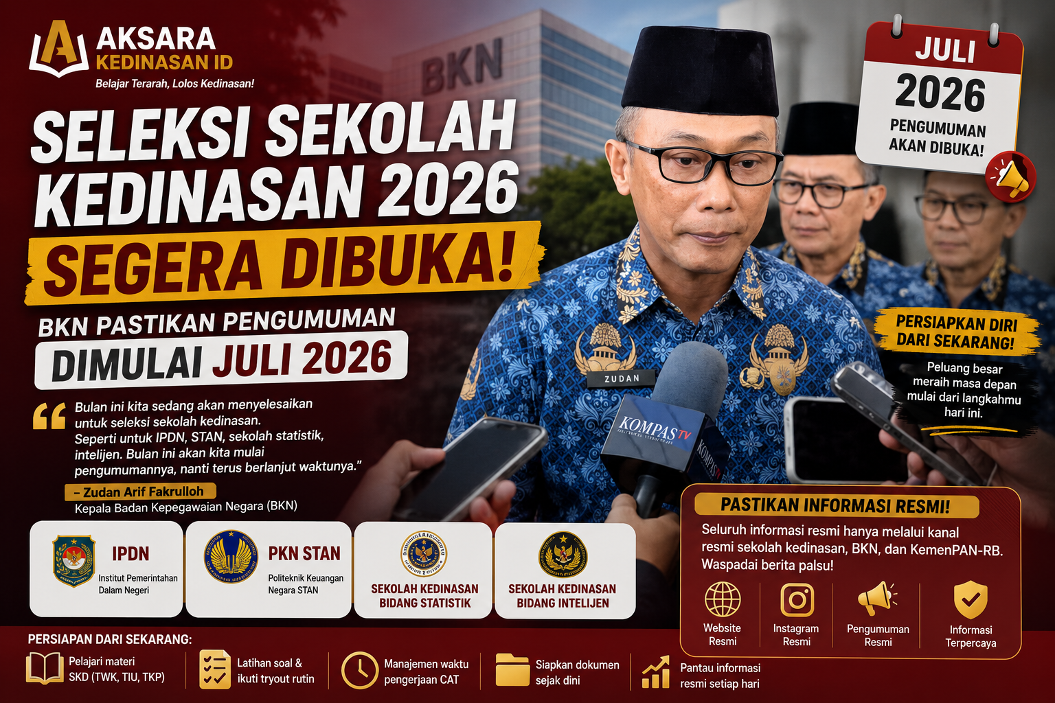 BKN mengonfirmasi pengumuman Seleksi Sekolah Kedinasan 2026 akan dimulai pada Juli 2026. Saatnya persiapkan diri dari sekarang!