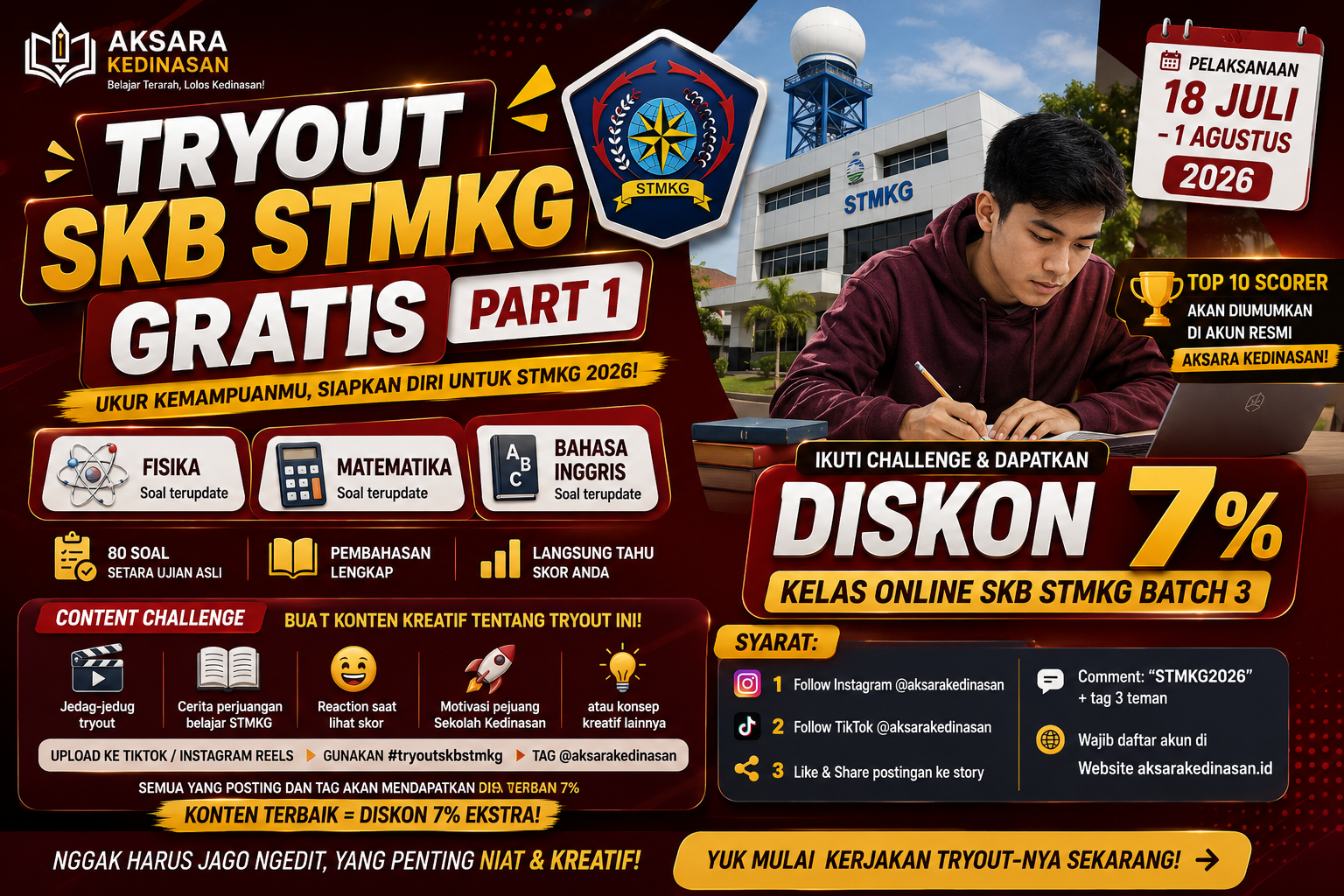 Ikuti Tryout SKB STMKG GRATIS Part 1 dari Aksara Kedinasan dan dapatkan kesempatan memperoleh diskon 7% Kelas Online SKB STMKG Batch 3.